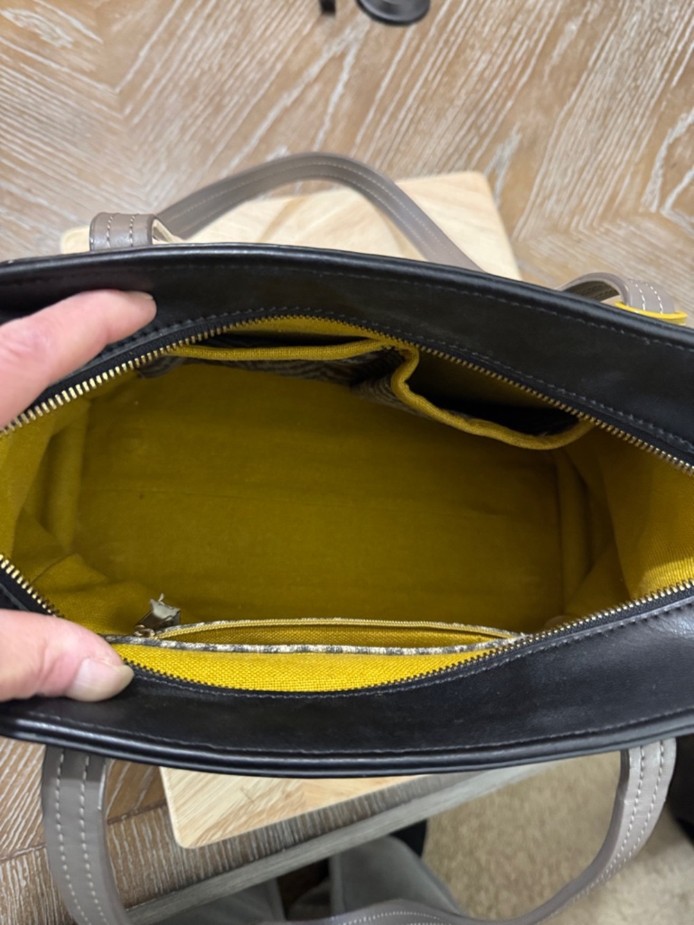 Spartina 449 Black Leather Satchel with Yellow Tassels and Gray Handles - Picture 8 of 12